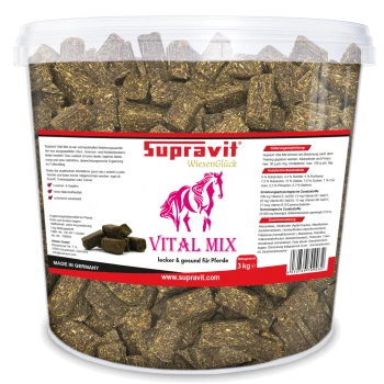 3 kg Eimer Supravit Vital Mix Pferdeleckerlis, braune Heupellets, rosa Pferdelogo, 'lecker & gesund'.