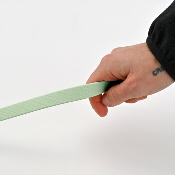 Eine Hand, die eine hellgrüne, strukturierte Hundeleine vor einem weißen Hintergrund hält.