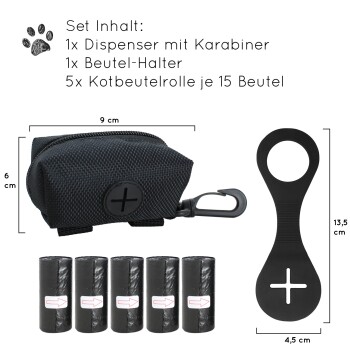 Set enthält einen schwarzen Abfallbeutelspender mit einem Karabiner, einen Beutelhalter und fünf Rollen schwarzer Abfallbeutel (15 Beutel pro Rolle).