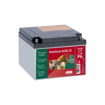 Premium AGM 32 Batterie mit 32 Ah, 12 V, mit Bildern einer Kuh, eines Schafs und eines Pferdes, die wartungsfreie und auslaufsichere Technologie hervorheben.