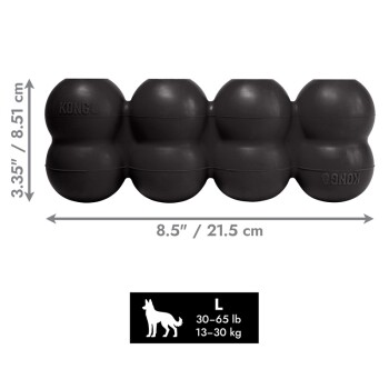 Czarna gumowa zabawka KONG na przysmaki, 8,5" x 3,35" (21,5 x 8,51 cm), rozmiar L dla psów 30–65 lb (13–30 kg).