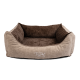 Ein plüschiges, rechteckiges Haustierbett in Beige und Braun, mit einem weichen, strukturierten Innenraum und einer erhöhten Rückenlehne für Komfort, beschriftet mit 'TrendPet.'