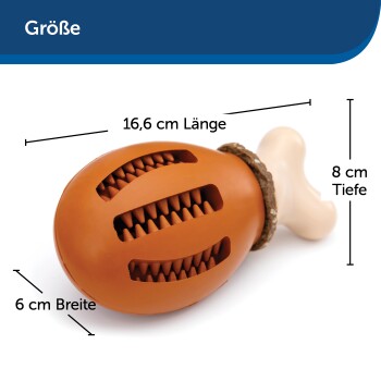 Hundespielzeug in Form eines Hähnchenbeins, das 16,6 cm lang, 6 cm breit und 8 cm tief ist, mit strukturierten Oberflächen.