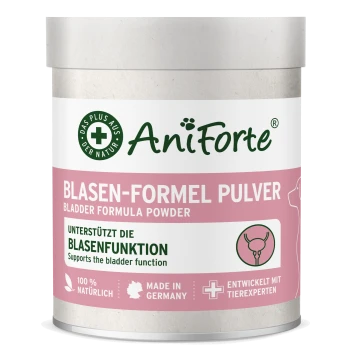 AniForte Blasenformel-Pulverbehälter, rosa Etikett, unterstützt die Blasenfunktion, 100% natürlich, hergestellt in Deutschland, entwickelt mit Tierexperten.