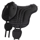 Schwarzer Ledersattel mit einem gesteppten Design, ausgestattet mit Netzpolsterung und verstellbaren Riemen für einen sicheren Sitz.