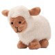 Un jouet en peluche en forme de mouton avec un corps blanc duveteux et un visage, des oreilles et des sabots bruns, conçu pour les animaux de compagnie.