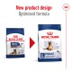 Royal Canin dog food packaging comparison showing new design for "Maxi Ageing 8+" formula, highlighting digestive health benefits.