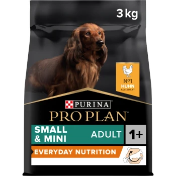 Adult Small & Mini Huhn 3kg Purina Pro Plan Hundefutterbeutel, 3 kg, mit einem langhaarigen Hund auf der Vorderseite, beschriftet mit "Small & Mini Adult 1+" und "Everyday Nutrition."