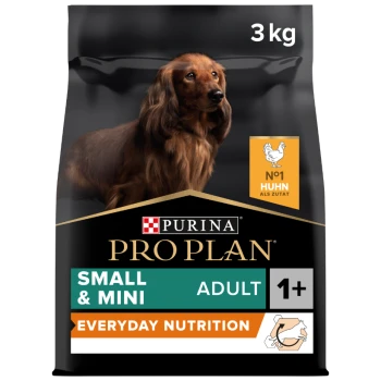Purina Pro Plan Hundefutterbeutel, 3 kg, mit einem langhaarigen Hund auf der Vorderseite, beschriftet mit "Small & Mini Adult 1+" und "Everyday Nutrition."