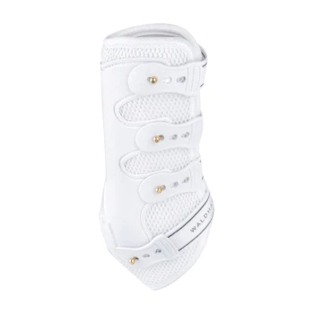 Weißes orthopädisches Haustierband mit Netzpaneelen und goldenen Verschlüssen, entworfen für Unterstützung und Komfort.