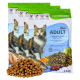 Katzenfutterverpackung mit drei Tüten "Leo's ADULT" mit einer getigerten Katze auf der Vorderseite, die "Reich an Geflügel mit Forelle" angibt, 2,5 kg.
