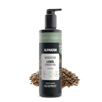 Schwarze zylindrische Flasche von ALPHAZOO Care Leinöl für Hunde und Katzen, mit dem Etikett "LEINÖL" mit Pfotenabdruck-Design und grünen Akzenten.