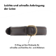 Brauner Lederhundehalsband mit D-Ring für eine einfache Leinenbefestigung, mit Text, der die schnelle und einfache Verwendung hervorhebt.