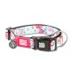 Blaues und pinkes florales Hundehalsband mit schwarzer Schnalle, Metallring und Anhänger mit der Aufschrift „Ich bin verloren! Bitte zurückbringen“ und „Max & Molly Urban Pets“.