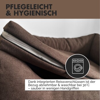 Braunes Haustierbett mit abnehmbarem, waschbarem Bezug und deutschem Text, der einfache Pflege und Hygiene hervorhebt.