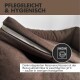 Braunes Haustierbett mit abnehmbarem, waschbarem Bezug und deutschem Text, der einfache Pflege und Hygiene hervorhebt.