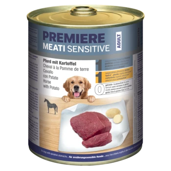 Dosenhundefutter mit der Aufschrift "Premiere Meati Sensitive", das Pferdefleisch und Kartoffeln enthält, mit Text in mehreren Sprachen und einer Grafik eines Pferdes.