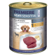 Dosenhundefutter mit der Aufschrift "Premiere Meati Sensitive", das Pferdefleisch und Kartoffeln enthält, mit Text in mehreren Sprachen und einer Grafik eines Pferdes.