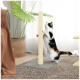 Eine dreifarbige Katze, die an einem hohen beigen Kratzbaum in einem gemütlichen Wohnzimmer mit einer grünen Pflanze und einer braunen Decke auf einem Stuhl kratzt.