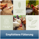 Hühner fressen und trinken; deutsches Fütterungsschild 'Empfohlene Fütterung' und '110–140 g/Tag'.