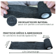 Eine Person hält eine Rolle hoch elastischem schwarzen Bandagematerial, mit Text, der den Komfort und die praktische Größe (4,5 m Länge, 5 cm Durchmesser) hervorhebt.