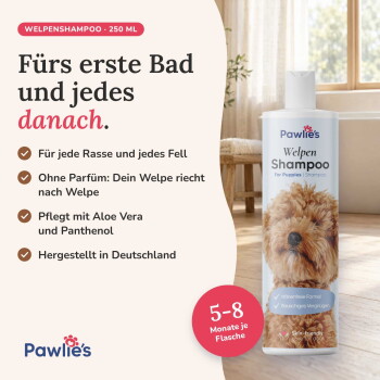 Pawlies Welpen-Shampoo-Flasche mit einem Hundebild, mit Text über Aloe Vera, Panthenol, pH-Neutralität und hautberuhigenden Eigenschaften.