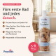 Pawlies Welpen-Shampoo-Flasche mit einem Hundebild, mit Text über Aloe Vera, Panthenol, pH-Neutralität und hautberuhigenden Eigenschaften.