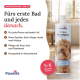 Pawlies Welpen-Shampoo-Flasche mit einem Hundebild, mit Text über Aloe Vera, Panthenol, pH-Neutralität und hautberuhigenden Eigenschaften.