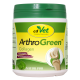 Behälter mit cdVet ArthroGreen Kollagenpräparat für Haustiere, mit grünem Deckel, mit Text, der die Vorteile von Kollagen und Grünlippmuscheln hervorhebt.
