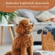 Ein flauschiger brauner Hund sitzt auf einem Teppich, fokussiert auf eine Hand, die einen Kauknochen hält. Der Text darüber lautet "Robuster Kaffeeholz Kausnack."