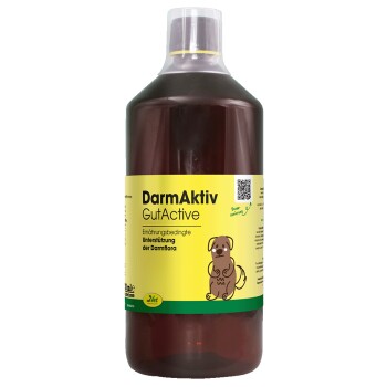 Flasche von cdVet DarmAktiv GutActive, ein natürliches Haustier-Nahrungsergänzungsmittel für die Darmgesundheit, mit einem grünen und gelben Etikett, das 100% natürlich beansprucht.