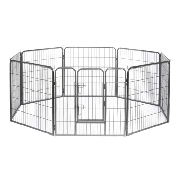 Ein sechseckiger Metall-Haustierspielplatz mit mehreren Paneelen und einer Tür, entworfen für die Haustierhaltung und Sicherheit.