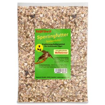 Nahaufnahme von gemischtem Vogelfutter mit sichtbaren Mehlwürmern und verschiedenen Getreidesorten in einem Online-Tierfachgeschäft-Produkt.