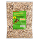 Nahaufnahme von gemischtem Vogelfutter mit sichtbaren Mehlwürmern und verschiedenen Getreidesorten in einem Online-Tierfachgeschäft-Produkt.