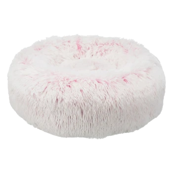 Fluffy rundes Haustierbett in sanftem Weiß mit rosa Akzenten, entworfen für Komfort und Entspannung.