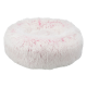 Fluffy rundes Haustierbett in sanftem Weiß mit rosa Akzenten, entworfen für Komfort und Entspannung.