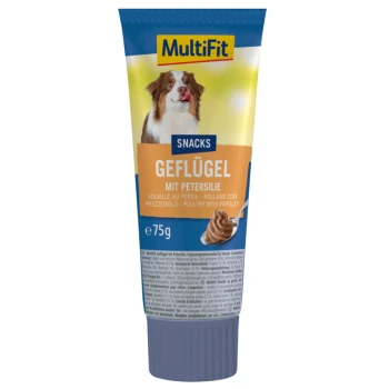 Tube mit MultiFit Hundesnacks, beschriftet mit "Geflügel mit Petersilie", 75g, mit einem Hund auf der Vorderseite.