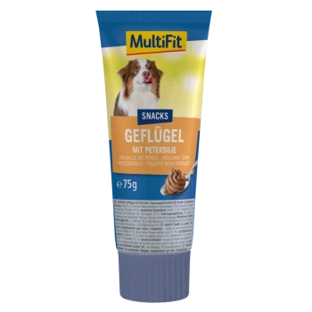 Tube de friandises pour chiens MultiFit, étiqueté "Geflügel mit Petersilie" (Volaille avec Persil), 75 g, avec un chien sur le devant.