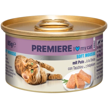 Dosenkatzenfutter mit der Aufschrift "Premiere I ❤️ meine Katze", das weiche Mousse mit Truthahn enthält, 85g, und ein Bild einer verspielten Katze zeigt.