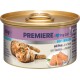 Nourriture en conserve pour chat étiquetée "Premiere I ❤️ mon chat" avec une mousse douce au dinde, 85g, et une image d'un chat joueur.