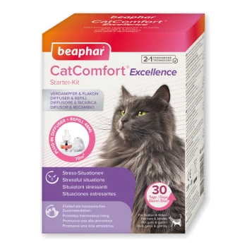 Emballage du kit de démarrage Beaphar CatComfort Excellence présentant un chat gris duveteux, avec du texte mettant en avant "Situations stressantes" et "30 jours."