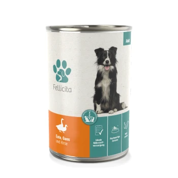 Dosenfutter für Hunde mit der Aufschrift "Fellicita", das einen Border Collie auf der Vorderseite zeigt, mit Zutaten: Ente, Gans und Hirse.