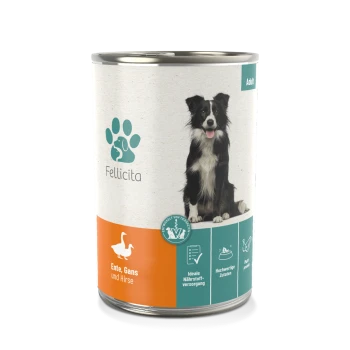Dosenfutter für Hunde mit der Aufschrift "Fellicita", das einen Border Collie auf der Vorderseite zeigt, mit Zutaten: Ente, Gans und Hirse.