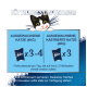Bild einer verspielten Katze mit Fütterungsempfehlungen: 3-4 Beutel für erwachsene Katzen (4kg) und 3 für kastrierte Katzen (4kg). Bei Zimmertemperatur servieren.