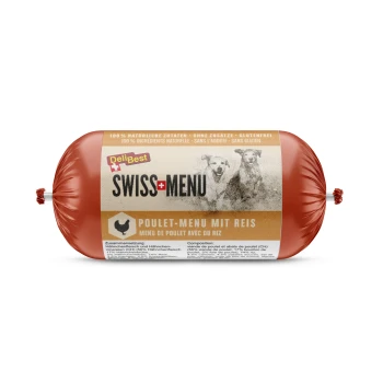 Rote, wurstförmige Verpackung mit der Bezeichnung 'DeliBest Swiss Menu Poulet-Menu mit Reis', mit zwei Hunden und Details zu natürlichen Zutaten.
