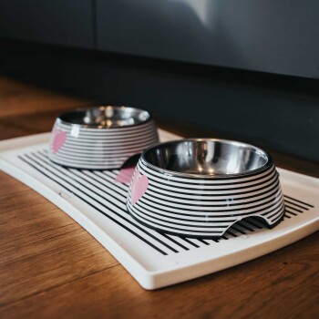 Zwei gestreifte Futterschalen für Haustiere mit rosa Herzen auf einer weißen Matte, die auf einem Holzboden platziert sind.