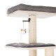 Arbre à chat avec deux plateformes, coussins en tissu gris et un jouet souris suspendu sur un poteau en sisal.