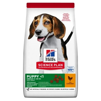 Hill's Science Plan dog food for puppies under 1 year, suitable for medium dogs 11-25 kg, with chicken, 100% balanced nutrition.