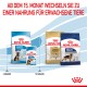 Bild von Royal Canin Haustierfutter: 'Welpen' Futter für Hunde von 2-15 Monaten und 'Erwachsenen' Futter für größere Rassen, mit einem Hinweis zum Übergang nach 15 Monaten.