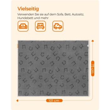 Grauem Haustierdecke mit einem verspielten Tiermuster, Maße 101 cm x 73 cm, beschriftet mit "Vielseitig" und Nutzungsvorschlägen für Sofa, Bett und Auto.
